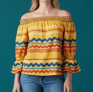 Flying TOMATO Canary Yellow Rainbow Striped Off Shoulder Peasant Fiesta Crop Top